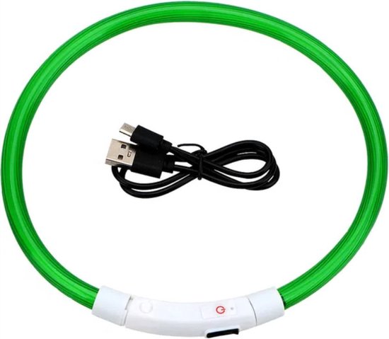 Collier LED vert pour chien avec fermeture blanche, port USB et câble de chargement USB.
