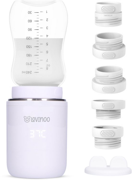 Lovinoo Flessenwarmer Pro 2025 – Flessenwarmer Onderweg - Draagbare Flessenwarmer - Flesverwarmer - Babyvoeding – Flessenwarmers – 4 Temperatuurniveaus - Flessenwarmer Draadloos – USB Oplaadbaar – Incl. 5 Adapters - 13.200 mAh - Wit