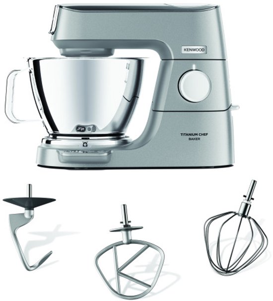 Robot pâtissier Kenwood argenté avec bol inox et accessoires.