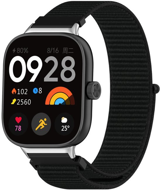 Montre connectée noire avec bracelet en nylon noir, écran affichant 09:28, fréquence cardiaque et pas.
