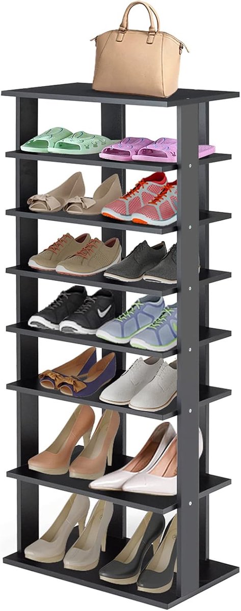 COSTWAY Schoenenrek, 8 niveaus, smal, schoenenkast van hout, in hoogte verstelbaar, schoenenstandaard, schoenenorganizer, verticaal, vrijstaand hoekrek, staand rek voor ingang, hal