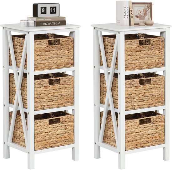 Table de chevet 3 niveaux COSTWAY avec paniers en jonc de mer, table d'appoint étroite en forme de X, table basse avec pieds en bois d'acacia, meuble de rangement pour salon, chambre, noyer (36 x 30 x 80 cm, lot de 2)
