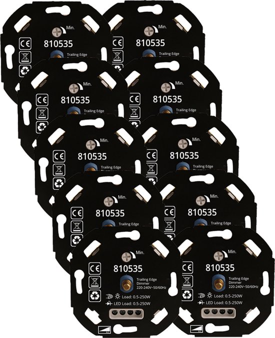 Tien zwarte, ronde TRIAC LED dimmers met productcode 810535 en 'Trailing Edge' aanduiding.