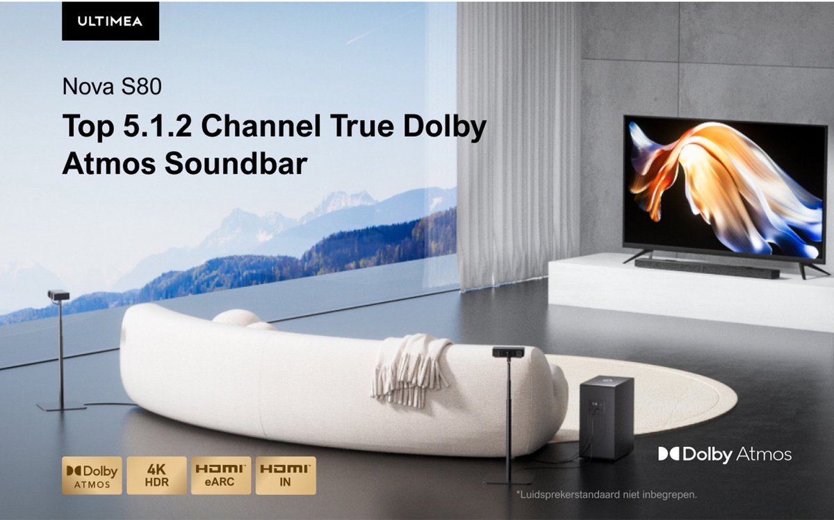 Afbeelding 2 van ULTIMEA Soundbar met 8" Draadloze Subwoofer, 5.1.2-kanaals Dolby Atmos, 4K HDR, 2 Omhooggerichte Drivers, 520W Soundbar voor tv - Zwart