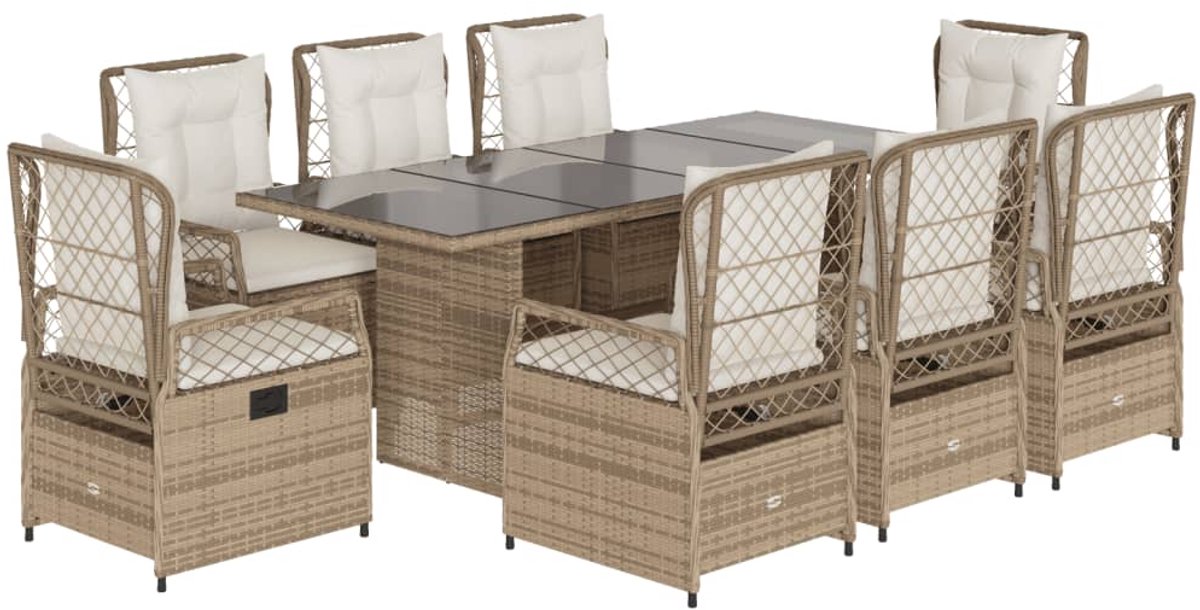 The Living Store 9-delige Tuinset met kussens poly rattan beige - Tuinmeubles - Tuinset - Lounge Set - Buitendecoratie - Ratten Meubel