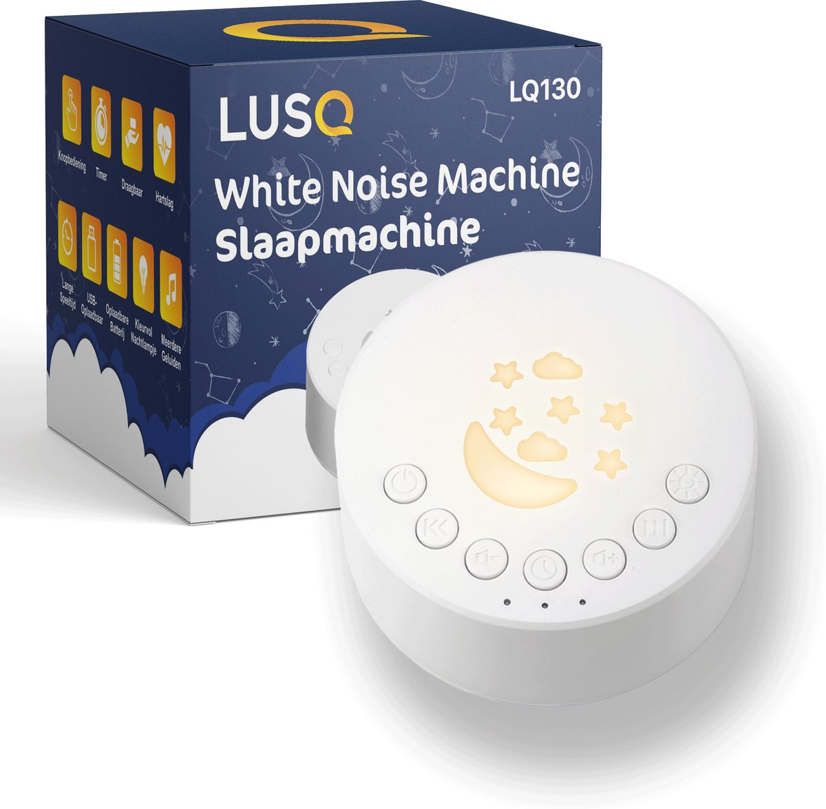 LUSQ® - White Noise Machine Baby met Nachtlampje - 18 Geluiden - Witte Ruis & Kleurrijk Licht - Slaapmachine met Timer en USB-C Oplaadbaar - Nachtlampje voor Kinderen met Witte Ruis