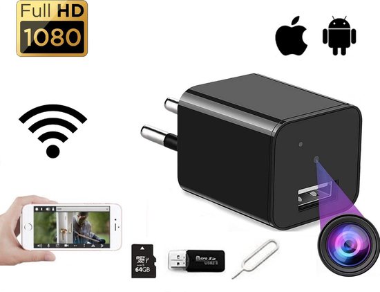 Trend Goods - Verborgen Spy Camera USB Adapter - Spy camera - Spycam - Wifi camera binnen met App - USB stekker - USB Lader - USB oplader - Beveiligingscamera binnen - Incl. 64GB Micro SD kaart - Nachtzicht - Bewegingssensor