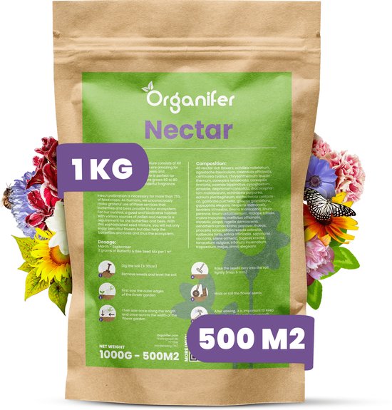 Vlinderbloemen en Bijenmengsel - 40 soorten (1kg, 500m2) - Veldbloemen - Bloemenzaad Vlinders - Bloemen - Bloemzaden - Bloemenzaad Voor Bijen - Veldbloemen Zaad - Vlinderbloemen - Nectar - Organifer
