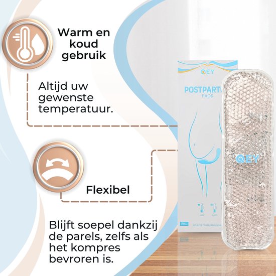 Kraamverband met kralen dat soepel blijft bij warm en koud gebruik, zelfs bevroren.
