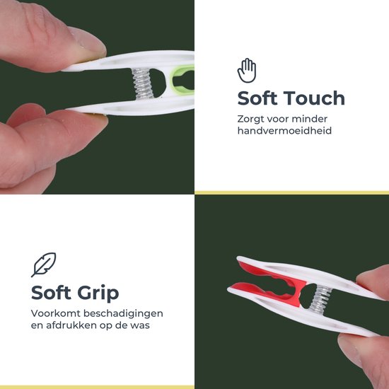 Close-up van een hand die een witte en groene wasknijper vasthoudt, met een zachte grip.