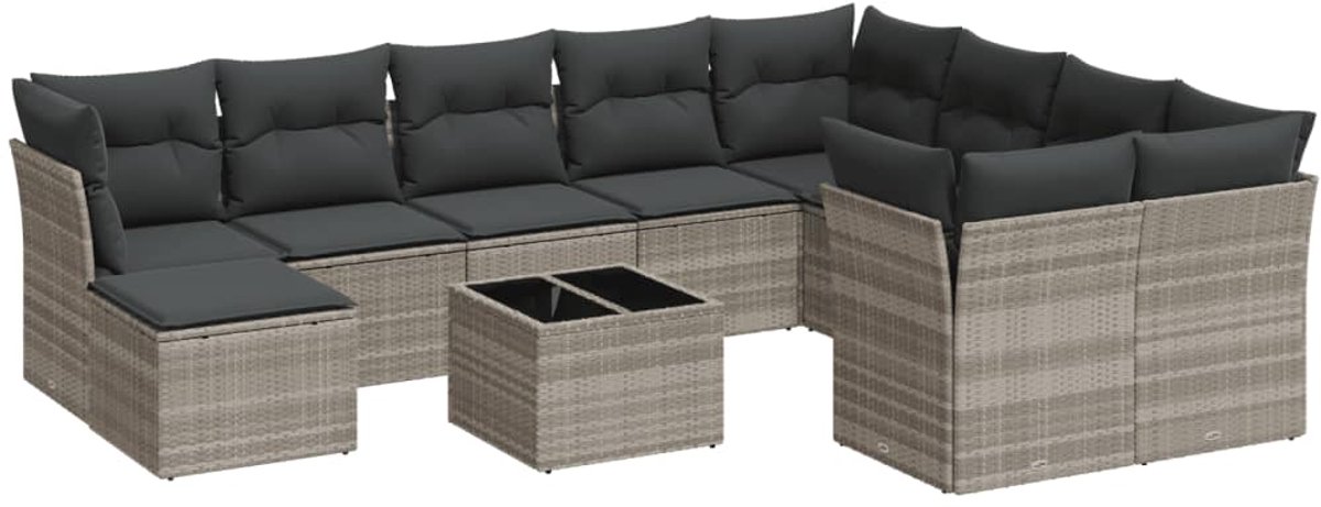 The Living Store 11-delige Loungeset met kussens poly rattan lichtgrijs - Loungebank - Lounge Set - Buitendecoratie - Tuinmeubels - Tuinlounge