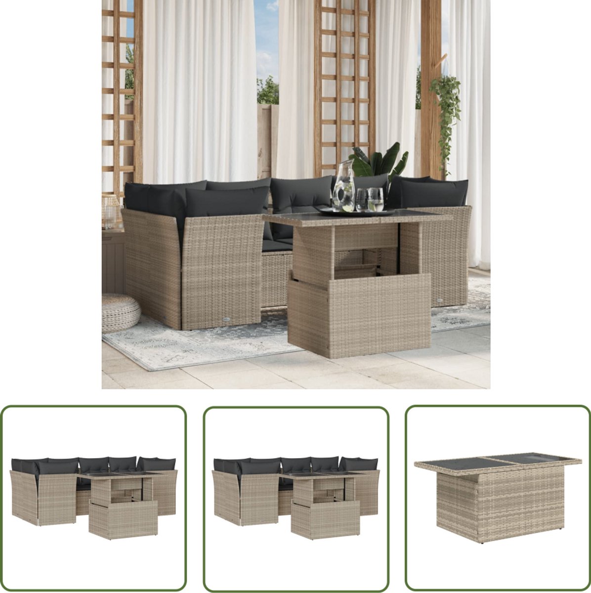 The Living Store 7-delige Loungeset met kussens poly rattan lichtgrijs - Tuinlounge - Lounge Set - Buitentijnen - Poly Rattan - Loungebank