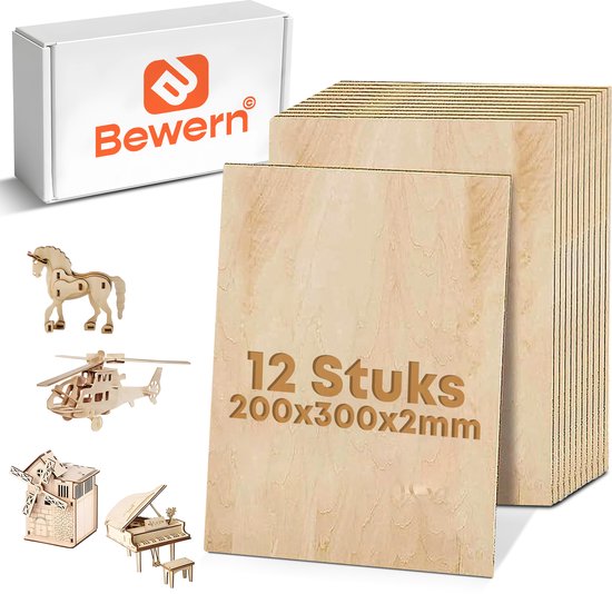 Panneau multiplex Bewern - 12 pièces - 200x300x2mm - Panneau en bois - Modélisme - Polywood/Contreplaqué - Idéal pour l'artisanat, les loisirs, les puzzles, la peinture et les projets laser