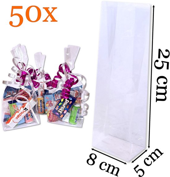 Prigta - 50x Uitdeelzakjes / cellofaanzakjes transparant - 8x5x25 cm - geschenkzakjes cellofaan - blokbodemzakjes traktatie