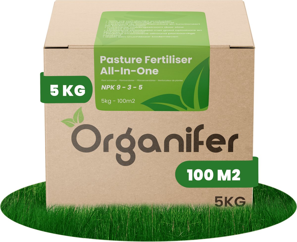 Weidemeststof All-In-One (5Kg – Voor 100m2) Paardenweide en Hobbyvee - Geeft hoogwaardig en smakelijk gras en ruwvoer - Verrijkt met Mineralen en Spoorelementen - Organifer