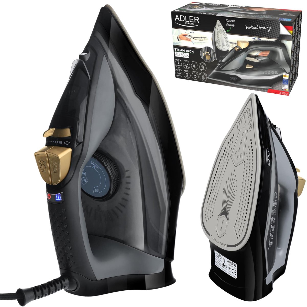 Adler AD 5038 Stoomstrijkijzer 3000W – Keramische Strijkzool – Verticale Stoomfunctie – 350 ml