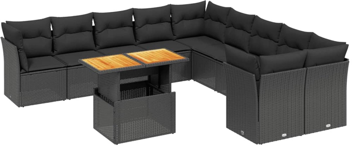 The Living Store 11-delige Loungeset met kussens poly rattan zwart - Loungeset - Tuinset - Buitendecoratie - PE-rattan - Zwarte Lounge Set