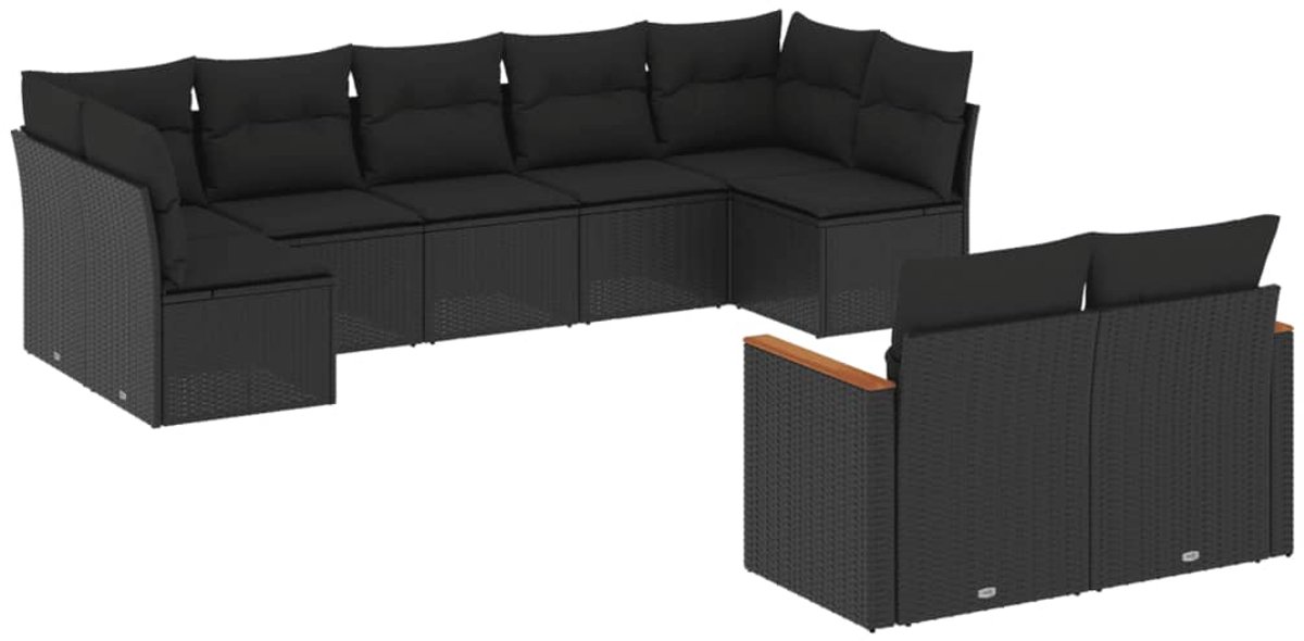 The Living Store 9-delige Loungeset met kussens poly rattan zwart - Loungeset - Tuinset - Lounge Set - Buitendecoratie - Outdoor Furniture