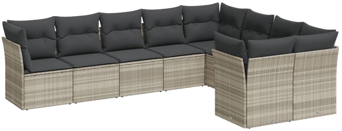 The Living Store 9-delige Loungeset met kussens poly rattan lichtgrijs - Loungebank - Tuinset - Lounge Set - Buitendecoratie - Tuinmeubels
