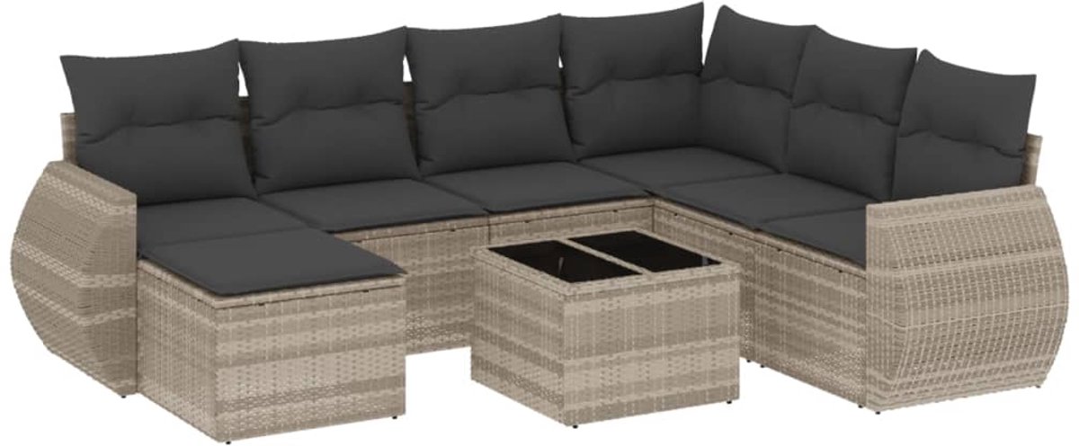 The Living Store 8-delige Loungeset met kussens poly rattan lichtgrijs - Loungebank - Lounge Set - Tuinbank - Buitendiner - Tuinset