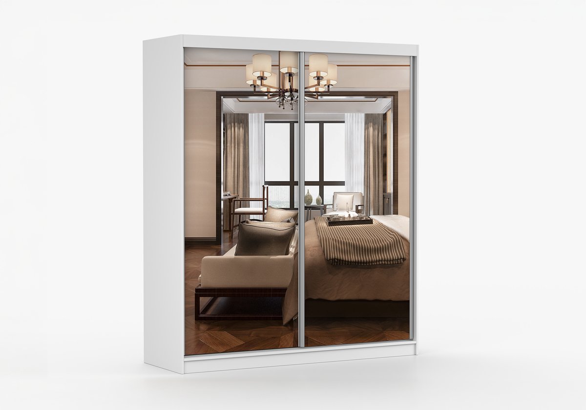 Schuifdeurkast BEN 20 183cm – 2-deurs kledingkast met spiegel, legplanken en kledingroede – modern design – 183x218x61 cm - BEN 20 183cm (Wit)