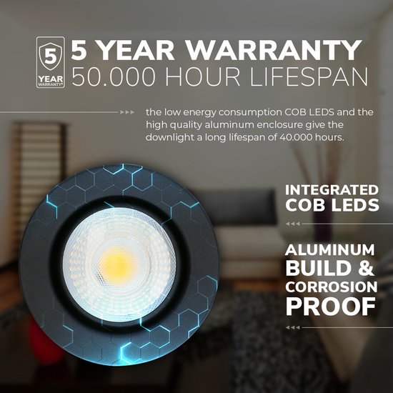 6x HOFTRONIC Malta - Dim to warm inbouwspot - LED - Rond zaagmaat 60-67mm - Zwart - Dimbaar - Kantelbaar - 5 Watt - 480 lumen - 230V - 1800-2700K - Plafondspots - Inbouwspot voor badkamer en buiten - 5 jaar garantie