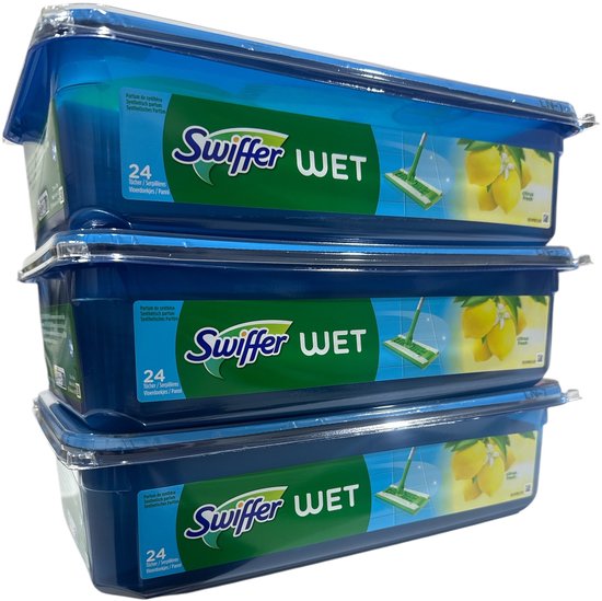 Trois paquets Swiffer Wet avec une image de citron, chacun contenant 24 lingettes humides pour sols.