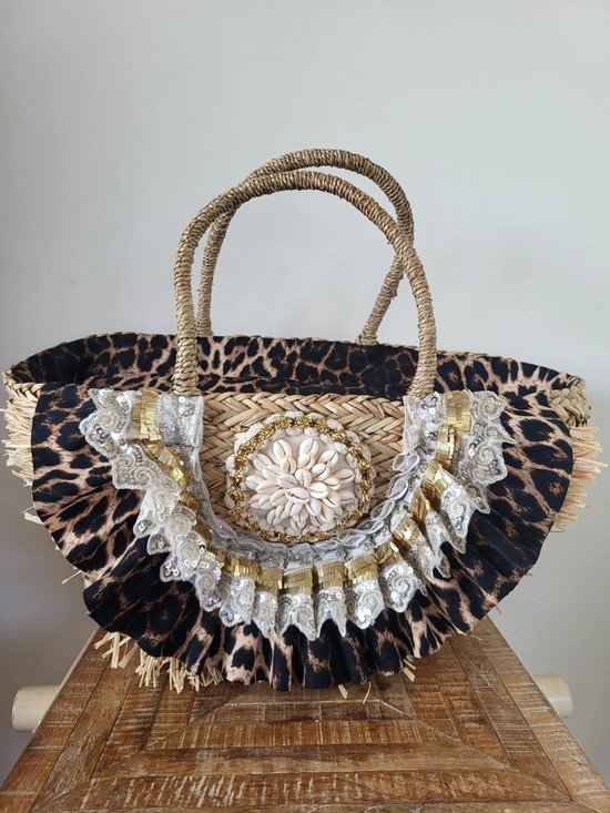 Magnifique sac de plage avec coquillages et imprimé léopard - Sac spacieux avec fermeture éclair - Statement