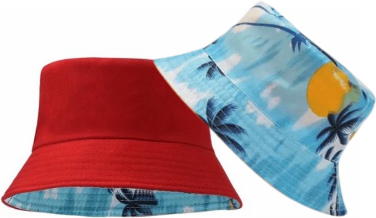 Bucket Hat - Omkeerbaar Vissershoedje - Dubbellaags - Rood & Palmboomprint - Reversible - Hoofdomtrek 54-56 cm - Dames - Heren - Regenhoedje - Zonnehoedje - Emmerhoed - Hoed - Unisex
