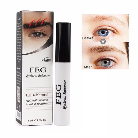 FEG Eyebrow Enhancer serum met doosje, met 'Voor' en 'Na' afbeeldingen van wenkbrauwen.