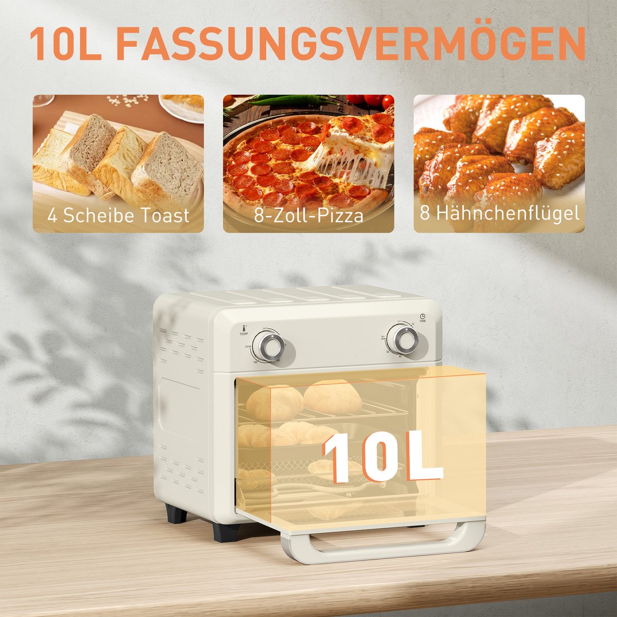 ZYLARO mini Airfryer oven - Vrijstaande Elektrische Oven - AirFryer, Bakken, Grillen en meer - 10 Liter - 1000 Watt - Vintage crème wit – foto 6