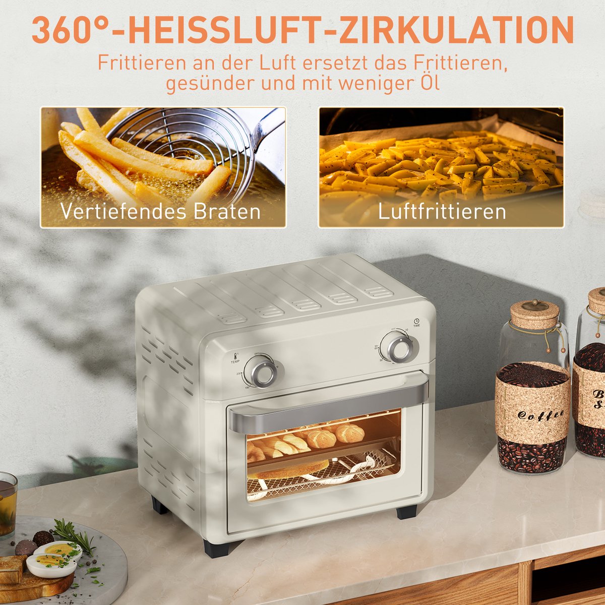 ZYLARO mini Airfryer oven - Vrijstaande Elektrische Oven - AirFryer, Bakken, Grillen en meer - 10 Liter - 1000 Watt - Vintage crème wit – foto 5