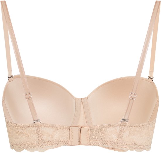 Beige strapless beha met kanten details. Achterkant bekeken.