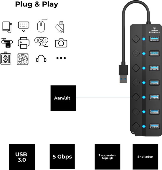Innova Essentials Hub USB 3.0 - 7 Portes - 5Gbps - Lumière LED Blauw - Zwart