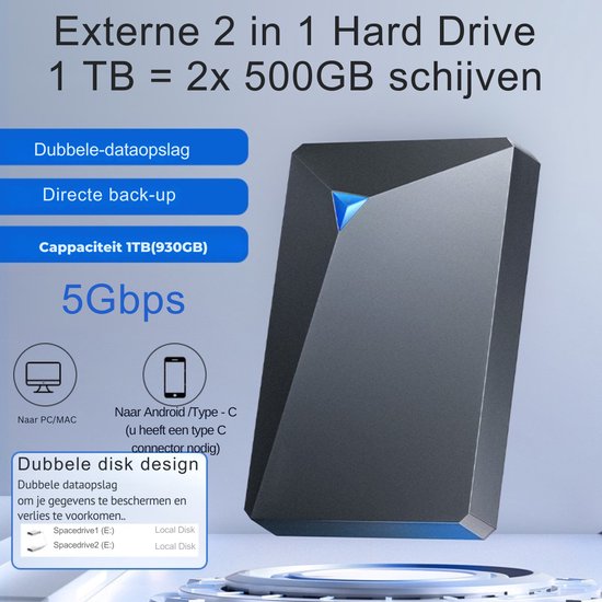 Dutch Wanted Double- HDD Externe Harde Schijf - Snelle writing speed - 1TB (2x 500GB) dubbele schijf van 2x 500GB voor directe back up - Plug and play - Opslag extern pc of laptop - USB 3.2 - Zwart — afbeelding 4