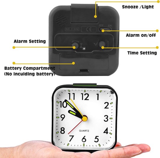 Stille Analoge Kwartswekker met Snooze en Nachtlampje - Draagbare Wekker voor Slaapkamer en Reizen — afbeelding 4