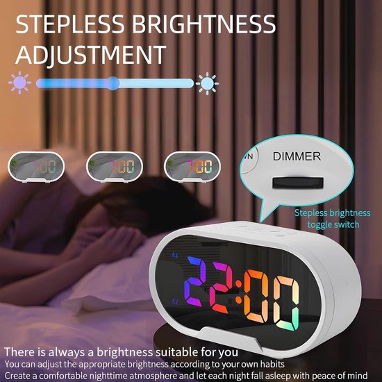 Digitale led-wekker met groot 5,5 inch display en spiegeloppervlak - Instelbaar alarm met USB-poorten — afbeelding 2