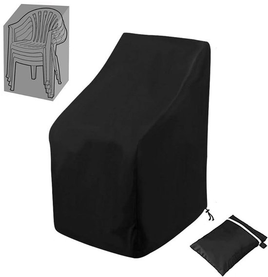 Zwarte stoelhoes met opberghoes en schets van stapelbare stoelen.