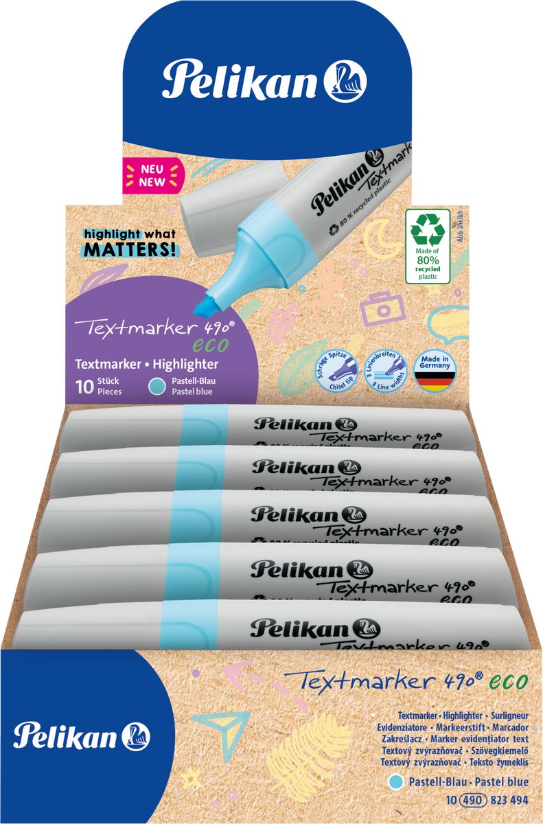 Pelikan Textmarker 490 - Eco markeerstift - Pastel blauw - 10 stuks