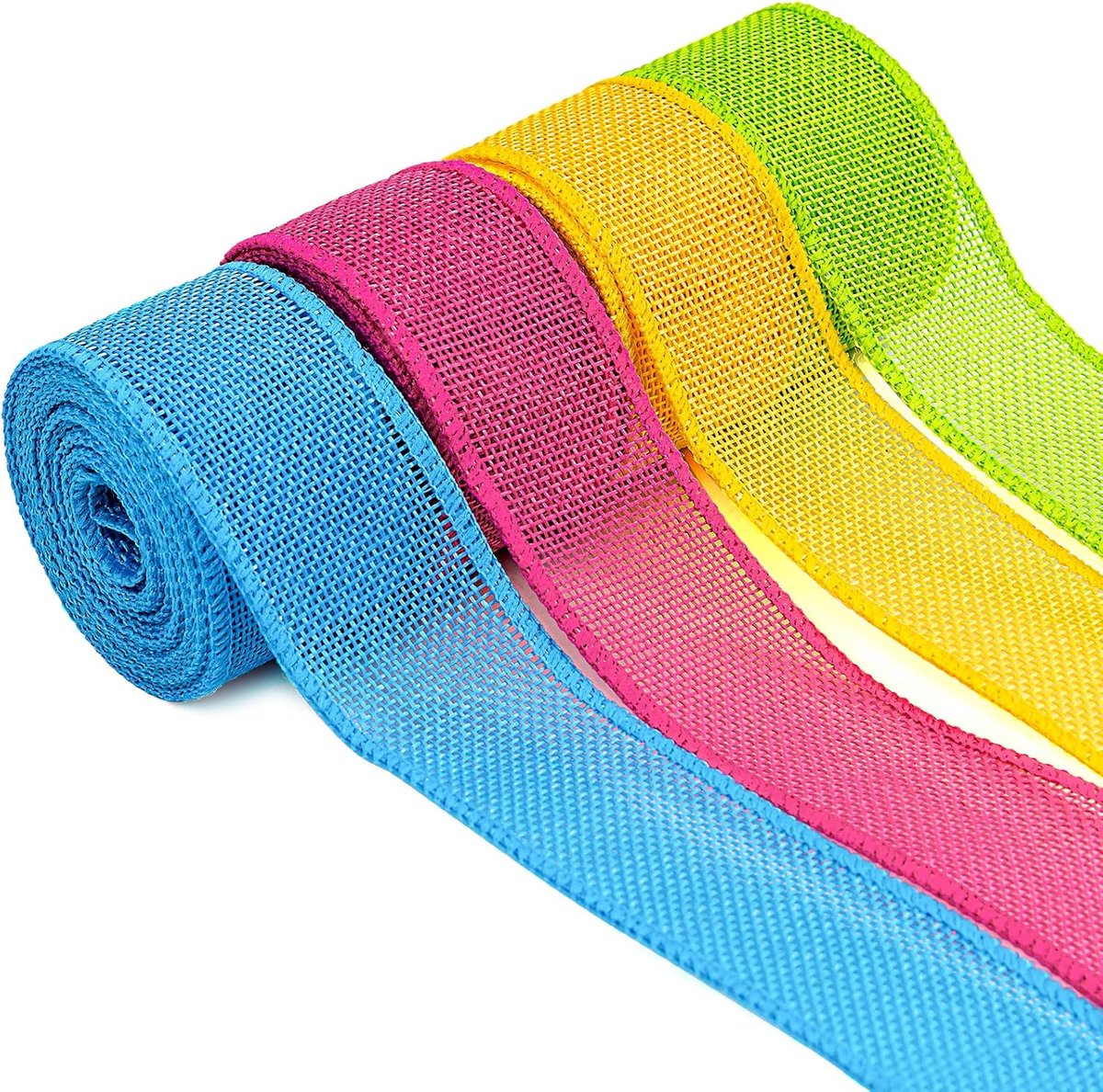 Jute Lint Set voor Feestdecoraties - Groen, Roze, Blauw & Geel, 38 mm Breed, 20 Meter
