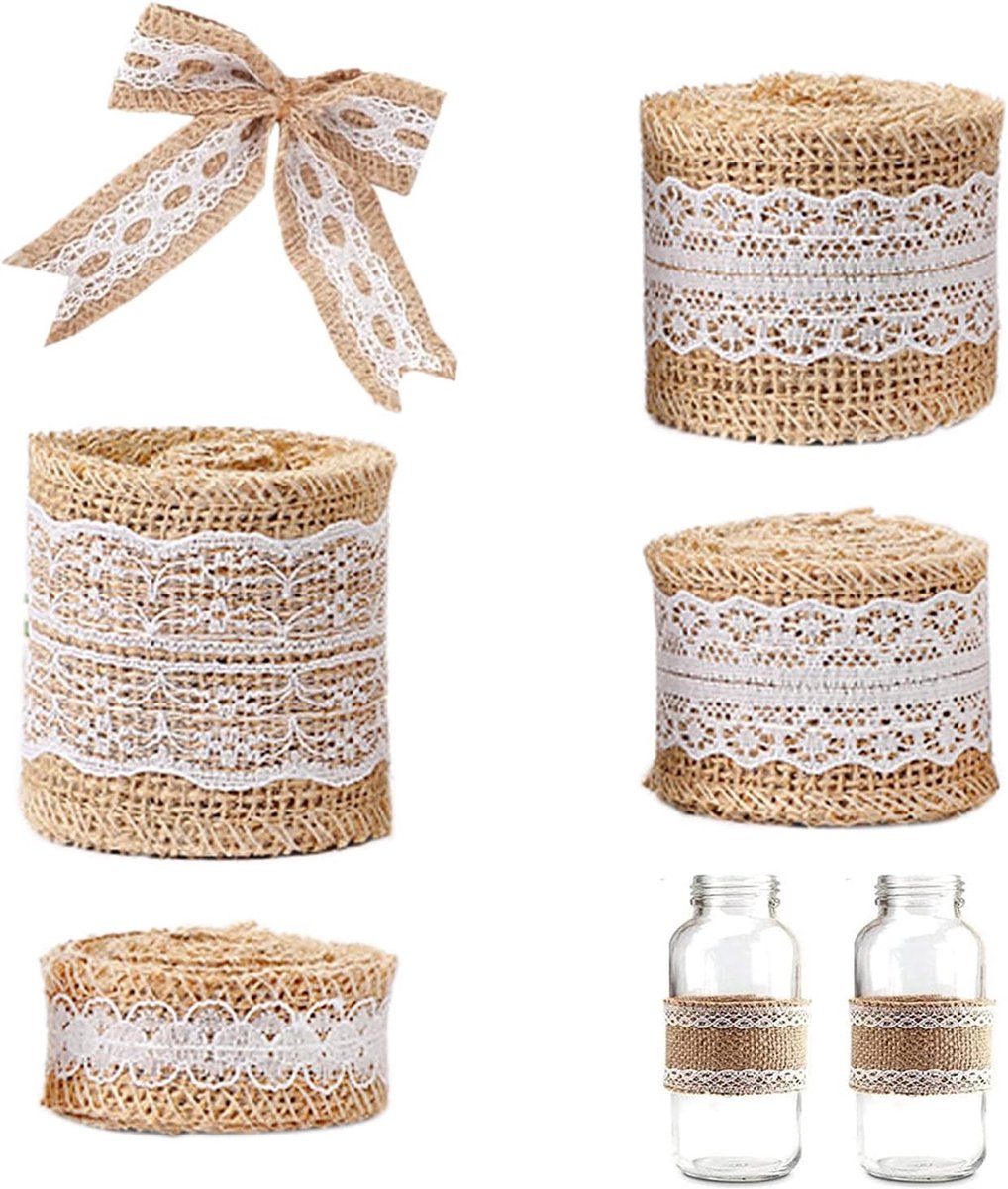 Jute lint met kant - Decoratielint voor Bruiloft, Handwerk en Kerstdecoratie