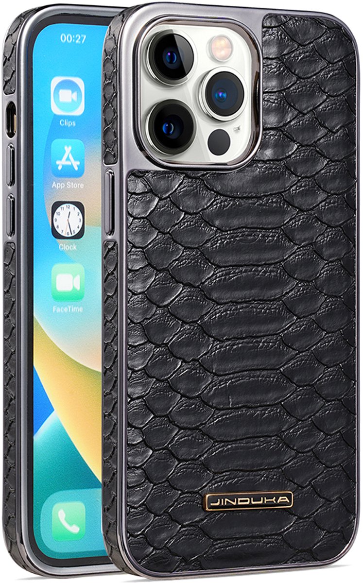 Stravo × JINDUKA Exclusief Leren Hoes voor iPhone 14 Pro Max | ZwartMilitair-grade Bescherming · Zijdezacht