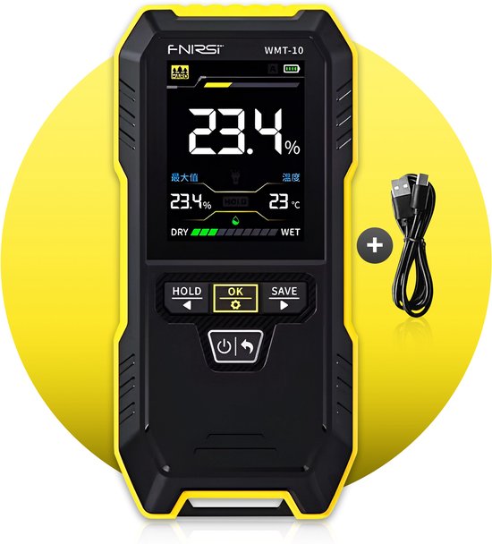 Kryner® WMT-10 Professionele Vochtmeter – Hygrometer – Muren, Hout En Bouwmaterialen – Voor Binnen En Buiten Gebruik – 75mm Diepte Sensor – FlashLight - USB C