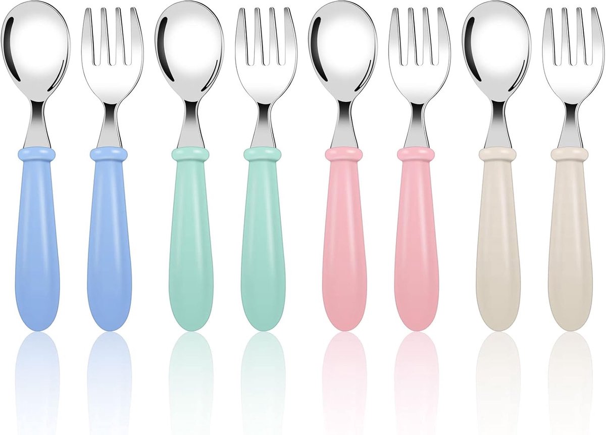 Image of 8-delige kinderbestekset van roestvrij staal, 4 x kindervorken en 4 x kinderlepels, babybestek met ronde handgreep, voor thuis, school, gebruik (blauw, groen, roze, beige)