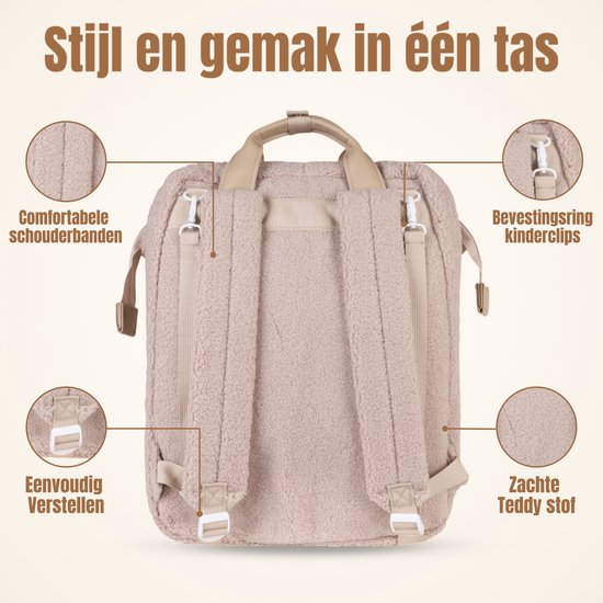 Drymon® Premium Luiertas - Ingebouwd Verschoonbed - Inclusief Flessenwarmer & Kinderwagenhaken t.w.v. €30 euro - 25L - Verzorgingstas - Waterafstotend - Beige - Exclusieve Teddy uitvoering van Drymon — afbeelding 3
