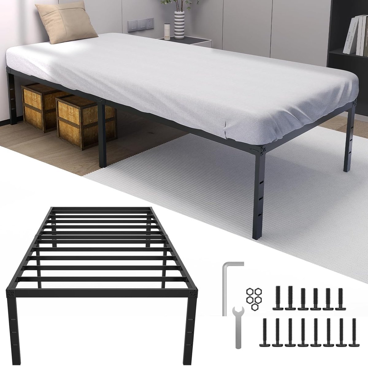 NAIZY 90 x 200 cm, ijzeren bedframe, hoogte 37,5 cm, eenpersoonsbed met lattenbodem en opbergruimte onder het bed, metalen bedframe, belastbaar tot 160 kg, inklapbaar bed voor slaapkamer en Zwart
