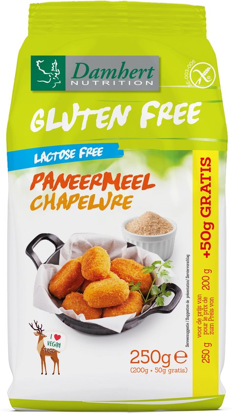Damhert Gluten Free Lactose Free paneermeel, 250g met 50g gratis. Met paneerhapjes in mandje.