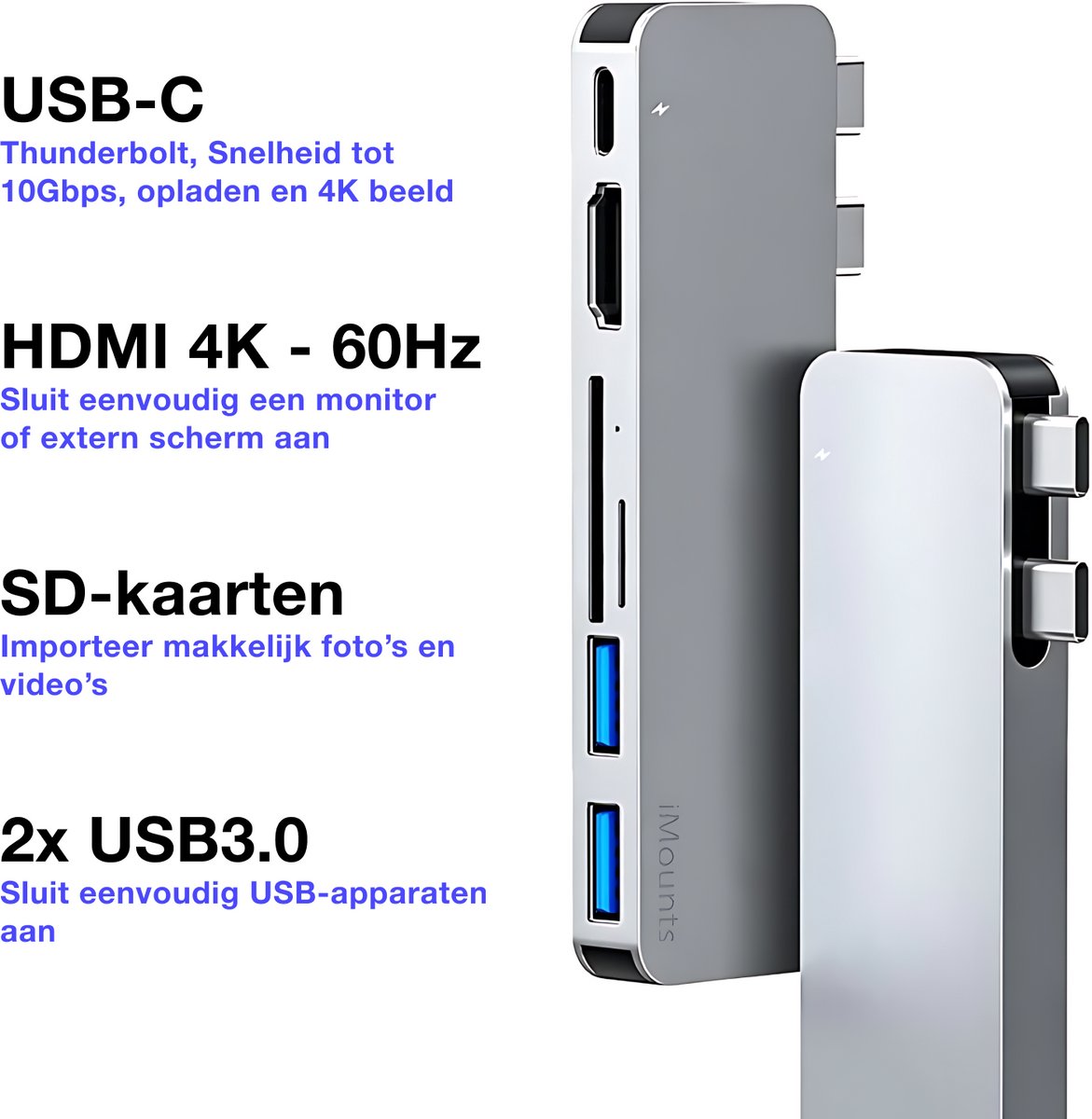 MacBook USB-C Hub Zilver voor Air Pro Neo – HDMI 4K, 2x USB 3.0, SD Card Reader, Thunderbolt 3 Opladen - Afbeelding 3