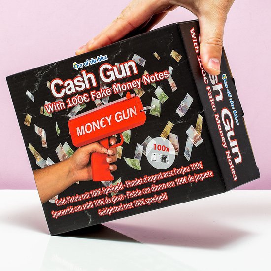 Doos van een 'Cash Gun' met 100 nep euro biljetten, afgebeeld met een rode geldpistool.