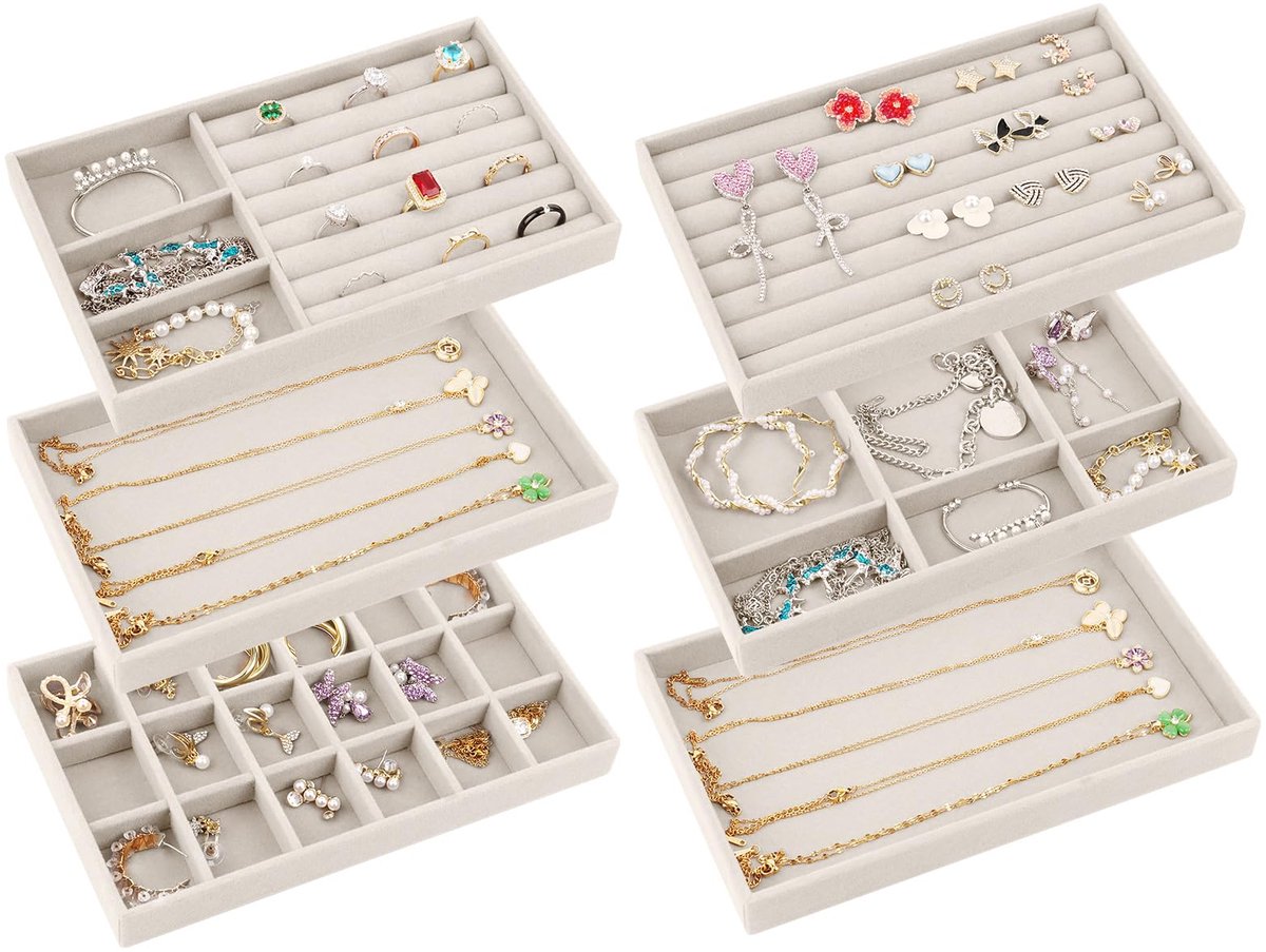 Ibenzoa® Sieraden Organizer Set met 6 Stuks, Stapelbare Fluwelen Lade Inzetstukken voor Sieradenopslag